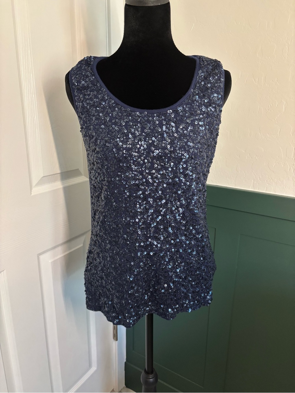 Susan Bristol Navy Blue Sequin Sleeveless Tank Top Women’s Large Party Glam